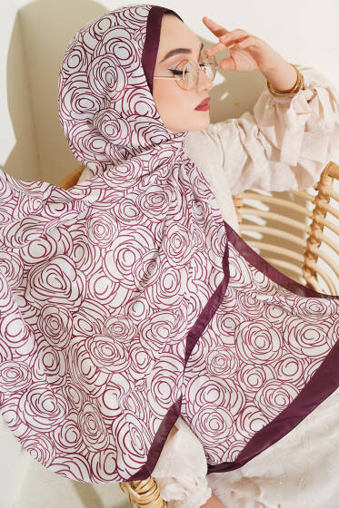 Çizgi Gül Desen Soft Şal Bordo Bej - Başörtüsü
