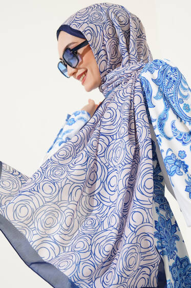 Çizgi Gül Desen Soft Şal Lacivert - Başörtüsü