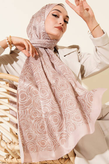 Çizgi Gül Desen Soft Şal Sütlü Kahve - Başörtüsü