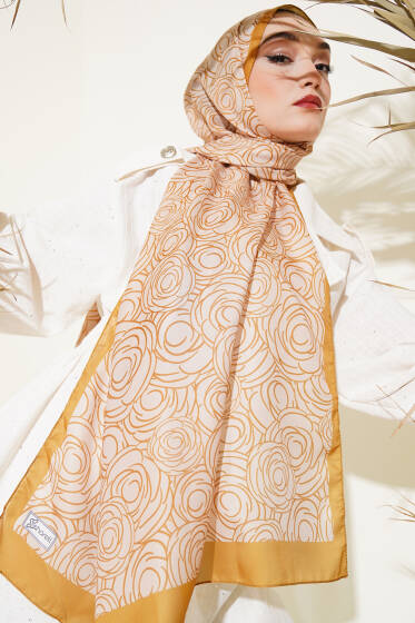 Çizgi Gül Desen Soft Şal Yağ Yeşili - Başörtüsü