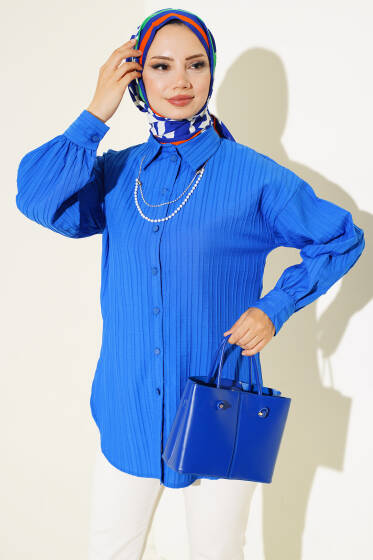 Çizgi Kabartmalı Gömlek Saks - Gömlek