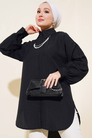 Çizgi Kabartmalı Gömlek Siyah - Gömlek