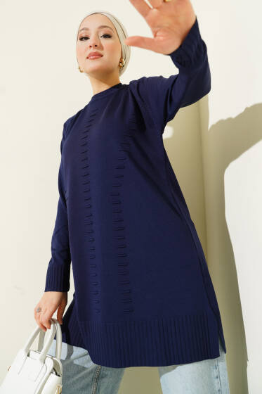 Çizgi Kabartmalı Merserize Triko Tunik Lacivert - Tunik