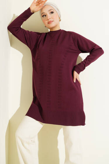 Çizgi Kabartmalı Merserize Triko Tunik Mürdüm - Tunik
