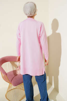 Çizgi Kabartmalı Merserize Triko Tunik Pembe - Tunik