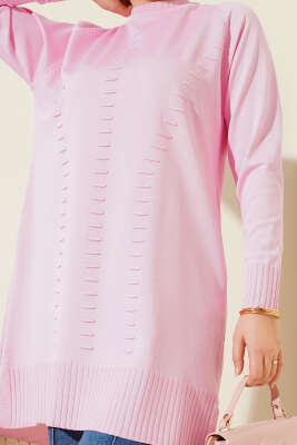 Çizgi Kabartmalı Merserize Triko Tunik Pembe - Tunik