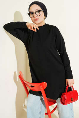 Çizgi Kabartmalı Merserize Triko Tunik Siyah 