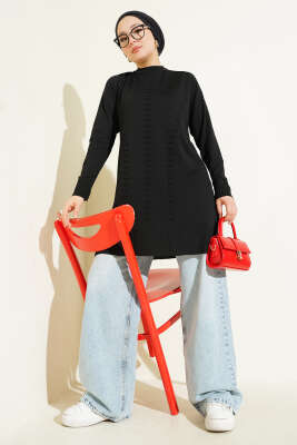 Çizgi Kabartmalı Merserize Triko Tunik Siyah - Yılın Fırsatı
