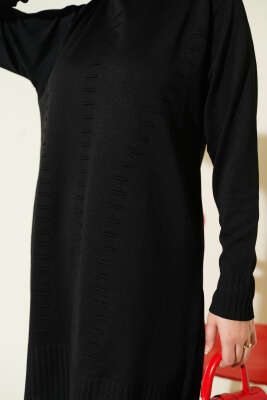 Çizgi Kabartmalı Merserize Triko Tunik Siyah - Yılın Fırsatı