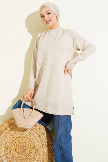 Çizgi Kabartmalı Merserize Triko Tunik Taş - Tunik