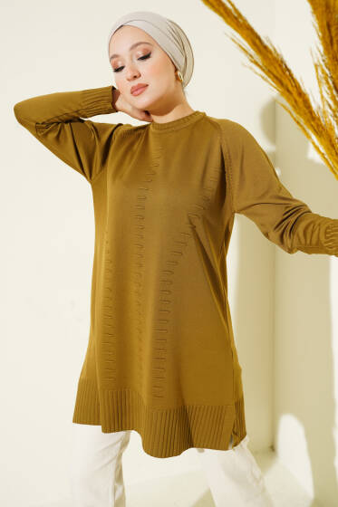 Çizgi Kabartmalı Merserize Triko Tunik Yağ Yeşili - Tunik