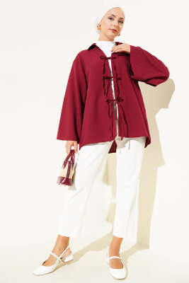 Çizgi Kabartmalı Önden Bağlamalı Kimono Bordo - Dış Giyim&Mont