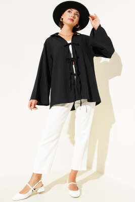 Çizgi Kabartmalı Önden Bağlamalı Kimono Siyah - 300-500 TL Ürünler