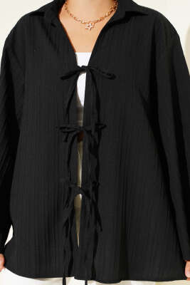 Çizgi Kabartmalı Önden Bağlamalı Kimono Siyah - 300-500 TL Ürünler