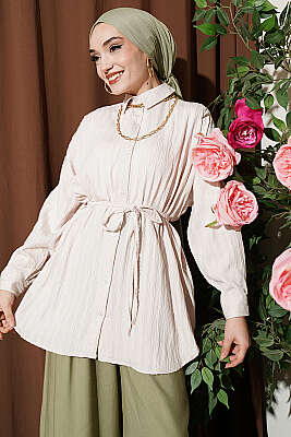 Çizgi Kabartmalı Oversize İp Kuşaklı Gömlek Bej - VAV TEKSTİL