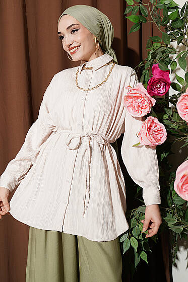 Çizgi Kabartmalı Oversize İp Kuşaklı Gömlek Bej - Gömlek