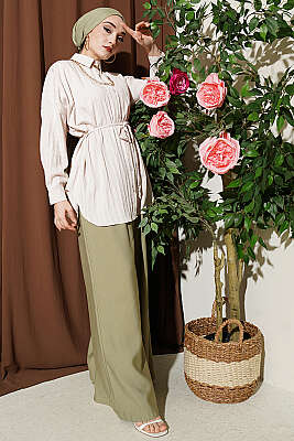 Çizgi Kabartmalı Oversize İp Kuşaklı Gömlek Bej - Gömlek