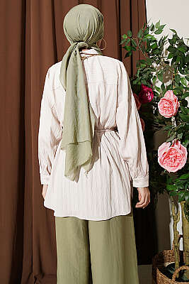 Çizgi Kabartmalı Oversize İp Kuşaklı Gömlek Bej - Gömlek