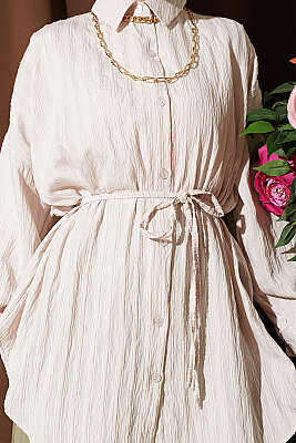 Çizgi Kabartmalı Oversize İp Kuşaklı Gömlek Bej - Gömlek