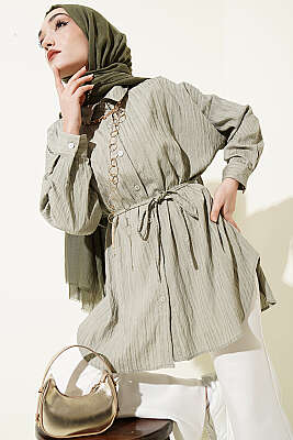 Çizgi Kabartmalı Oversize İp Kuşaklı Gömlek Çağla Yeşili - VAV TEKSTİL