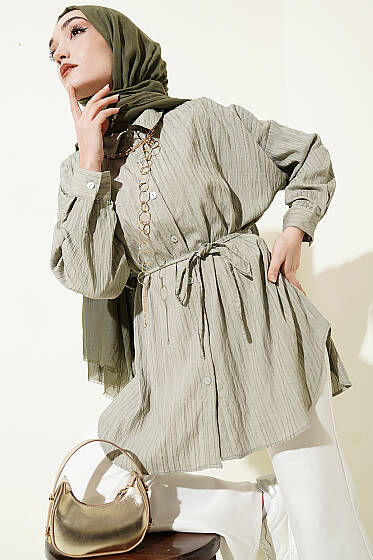 Çizgi Kabartmalı Oversize İp Kuşaklı Gömlek Çağla Yeşili - Gömlek