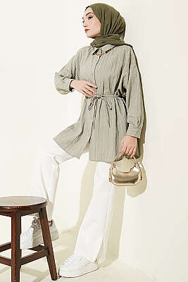 Çizgi Kabartmalı Oversize İp Kuşaklı Gömlek Çağla Yeşili - Gömlek