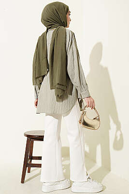 Çizgi Kabartmalı Oversize İp Kuşaklı Gömlek Çağla Yeşili - Gömlek