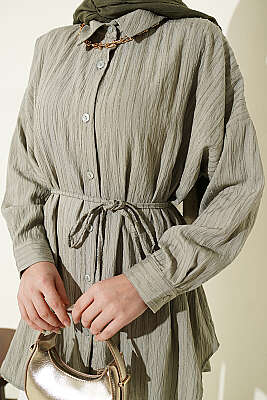 Çizgi Kabartmalı Oversize İp Kuşaklı Gömlek Çağla Yeşili - Gömlek