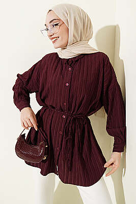 Çizgi Kabartmalı Oversize İp Kuşaklı Gömlek Mürdüm - VAV TEKSTİL