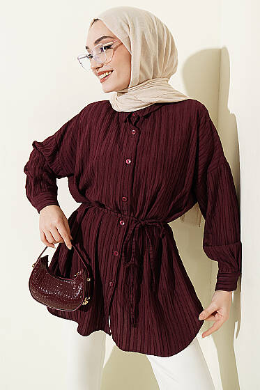 Çizgi Kabartmalı Oversize İp Kuşaklı Gömlek Mürdüm - Gömlek