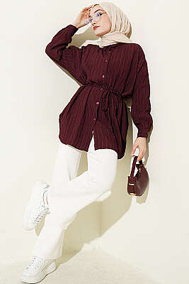 Çizgi Kabartmalı Oversize İp Kuşaklı Gömlek Mürdüm - Gömlek