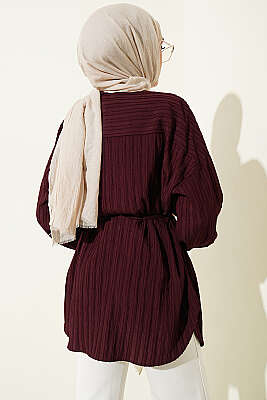 Çizgi Kabartmalı Oversize İp Kuşaklı Gömlek Mürdüm - Gömlek