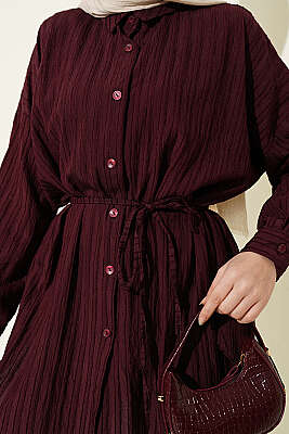 Çizgi Kabartmalı Oversize İp Kuşaklı Gömlek Mürdüm - Gömlek