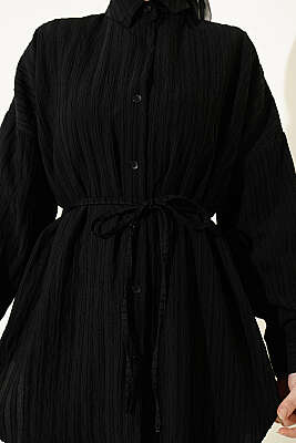 Çizgi Kabartmalı Oversize İp Kuşaklı Gömlek Siyah - 500-700 TL Ürünler