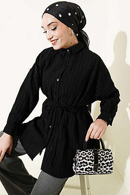 Çizgi Kabartmalı Oversize İp Kuşaklı Gömlek Siyah - VAV TEKSTİL