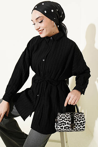 Çizgi Kabartmalı Oversize İp Kuşaklı Gömlek Siyah - Gömlek