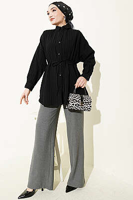 Çizgi Kabartmalı Oversize İp Kuşaklı Gömlek Siyah - Gömlek