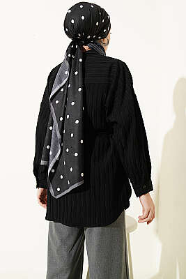 Çizgi Kabartmalı Oversize İp Kuşaklı Gömlek Siyah - Gömlek