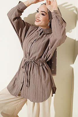 Çizgi Kabartmalı Oversize İp Kuşaklı Gömlek Vizon - VAV TEKSTİL