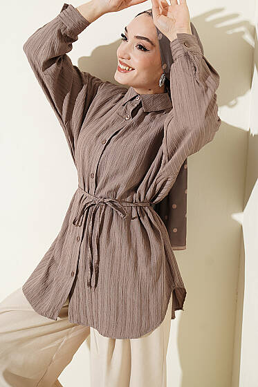 Çizgi Kabartmalı Oversize İp Kuşaklı Gömlek Vizon - Gömlek