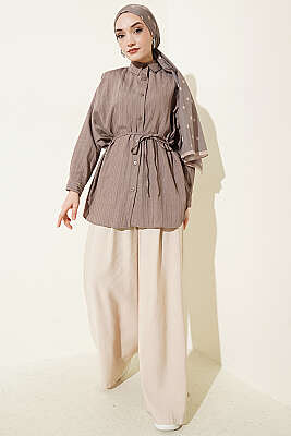 Çizgi Kabartmalı Oversize İp Kuşaklı Gömlek Vizon - Gömlek