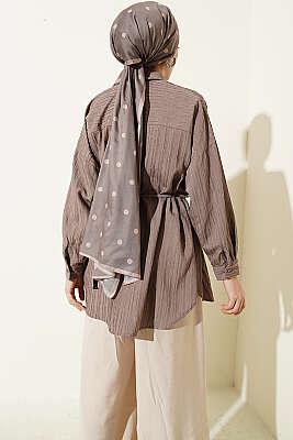 Çizgi Kabartmalı Oversize İp Kuşaklı Gömlek Vizon - Gömlek