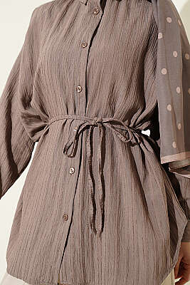 Çizgi Kabartmalı Oversize İp Kuşaklı Gömlek Vizon - Gömlek