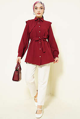 Çizgi Kabartmalı Taş Düğmeli Gömlek Bordo - Gömlek