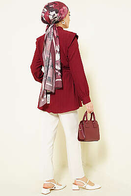 Çizgi Kabartmalı Taş Düğmeli Gömlek Bordo - Gömlek