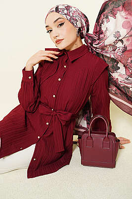 Çizgi Kabartmalı Taş Düğmeli Gömlek Bordo - TABLO FASHİON