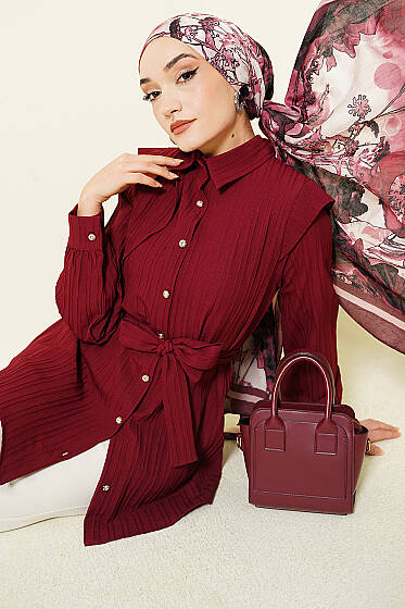 Çizgi Kabartmalı Taş Düğmeli Gömlek Bordo - Gömlek