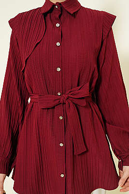 Çizgi Kabartmalı Taş Düğmeli Gömlek Bordo - Gömlek