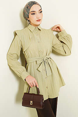 Çizgi Kabartmalı Taş Düğmeli Gömlek Çağla Yeşili - TABLO FASHİON