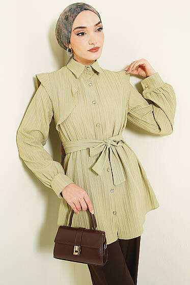 Çizgi Kabartmalı Taş Düğmeli Gömlek Çağla Yeşili - Gömlek